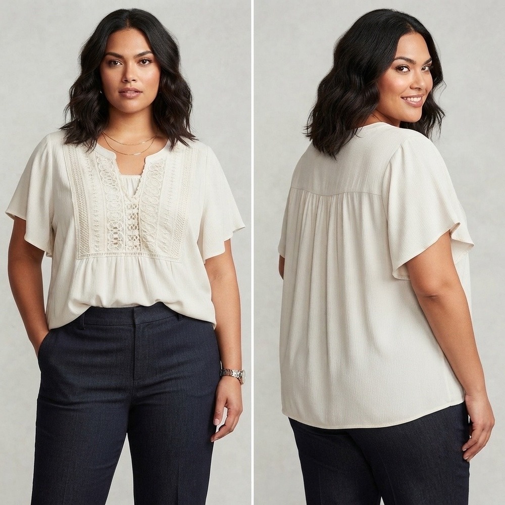 Torrid Womens Rainy Day SS Gauze Flutter Sleeve Cream Crochet Lace Top Size 5 5X